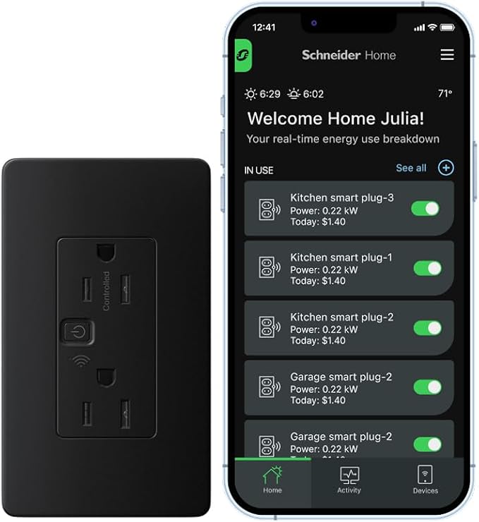 Square D by Schneider Electric X Series 15A 125V Wi-Fi Energy Monitoring Socket Outlet, Tamper Resistant, Matter Certified, Compatible with Alexa, Google Home, Apple Home, Matte Black