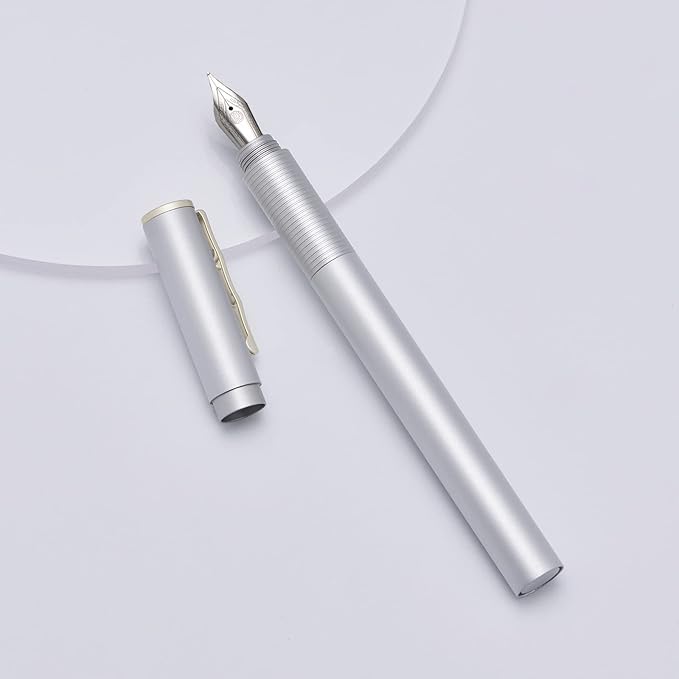Hongdian H3 Fountain Pen Fine Nib with Bamboo Pen Clip, Silver Aluminum Alloy Writing Pen