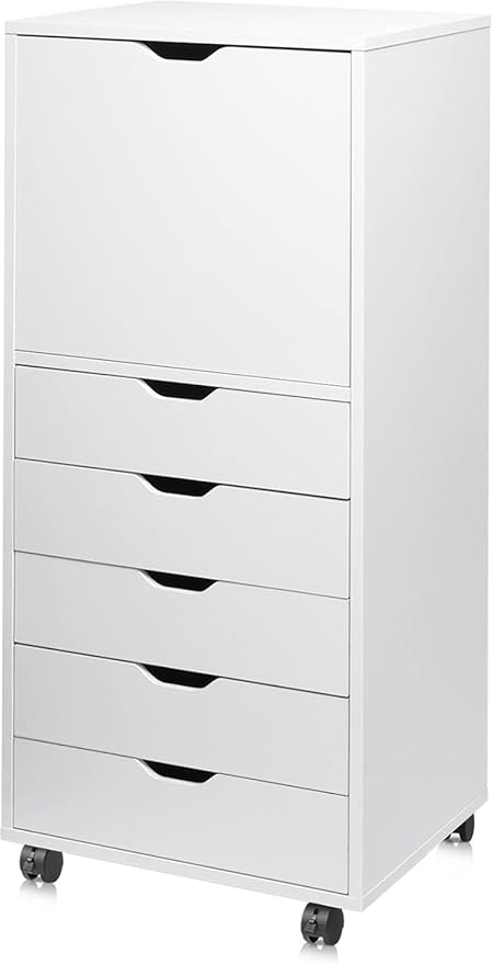 DEVAISE 5 Drawer Cabinet with 1 Door, Mobile Office File Cabinet, White | Wood Rolling Cart, Filing Drawers, Craft Storage Drawer Cabinet, Printer Stand, Home Office