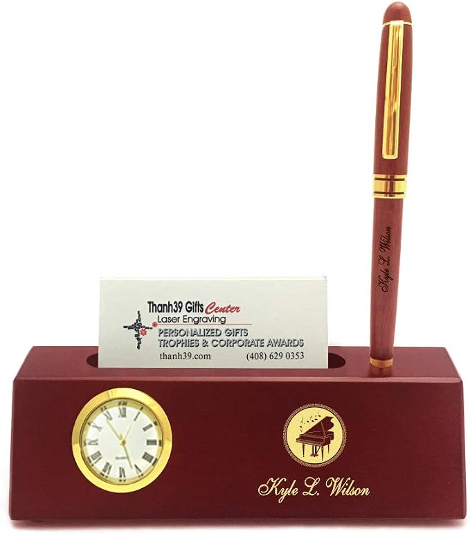 Personalized Solid Rosewood Business Card Holder with Clock and Pen for Pianist