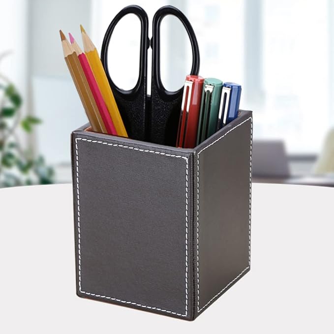 PU Leather Square Pens Pencils Holder Cup Desktop Stationery Organizer Case Office Accessories Container Box Brown