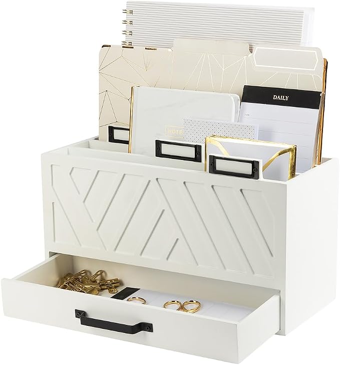 BLU MONACO | Wooden Mail Organizer with Drawer and Gold Labels | Mail Sorter Organizer Countertop for Desk | Paper and Letter Sorter for Office Storage