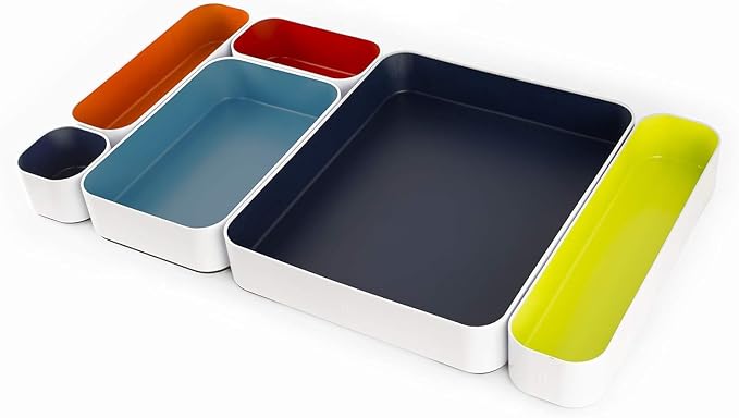 Three by Three Seattle Metal Drawer Organizer Tray Set, 6-Pc, 2" (Classic) | Deep 2" food-safe colorful metal bins; soft non-scratch base; kitchen, vanity, bathroom & office drawer storage