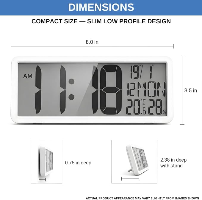 Atomic Digital Wall Clock Battery Operated Large Display | Automatic Time Setting with Day Date Temperature Humidity Alarm 12/24 Hour | Wall Or Desk Clock for Home Office Seniors