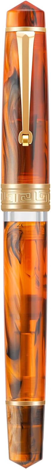 Asvine P20 Piston Fountain Pen Amber Resin, Iridium Medium Nib Gold Trim Smooth Writer Collection with Case Set