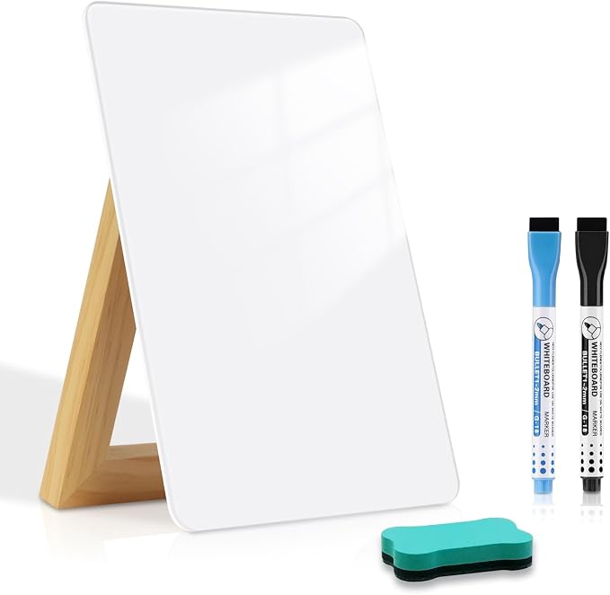 Desktop Glass Dry Erase Board, 11" x 8.2", Adjustable Wood Stand, Reusable | Small Glass Whiteboard, Desk Notepad for Home Office