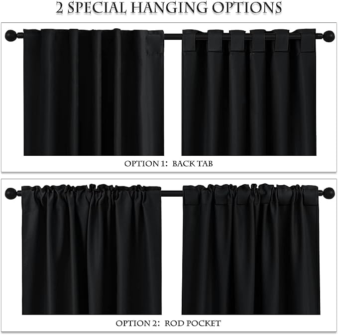 PONY DANCE Blackout Curtains for Kitchen - Light Blocking Thermal Insulated Back Tab Draperies Energy Saving/Short Window Treatments, 52 Wide by 63 inch Drop, Black, Double Panels