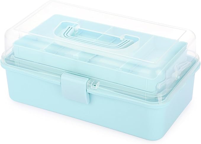 BTSKY 3-Layer Plastic Dividing Storage Box Craft Organizer and Storage | Portable Handled Art Supply Organizer with Adjustable Spacers Multipurpose Home Utility Box for Medicine Sewing(Blue)
