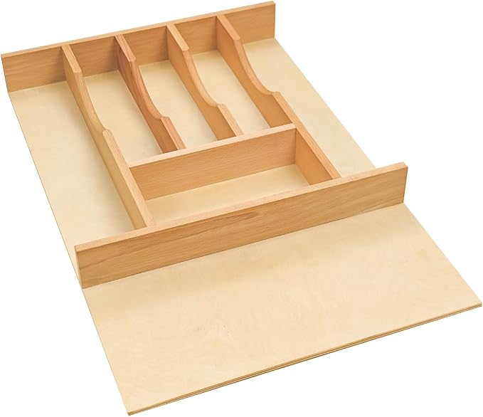 Silverware Drawer Organizer - Trim-to-Fit with Adjustable Dividers for Kitchen Utensil Storage, Beech Wood Frame with 11 Sizes (14.63" W x 22" D)
