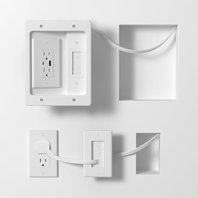 in Wall Cable Management Kit with Brush Wall Plate TV Wire Hider for Wall 2AC+USB-a+USB-c Recessed tv Outlet Box 9.8ft Cord for Home Theater Systems Gaming Vonsoles Nightstands Office Spaces