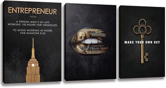 Halioyo Motivational Wall Art Canvas Prints, 3 Panel Entrepreneur Office Wall Art with Inspirational Quotes, Positive Saying Painting Posters for Living Room Bedroom(16x24inch), Ready to Hang