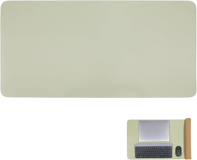 Large Double Sided Desk Mat 31.5" x 15.7" PU Leather Cork Mouse Pad | Large Green Overlocked Edge Desk Pad Protector for Office Home Gaming Laptop Vanity, Overlocked with Matching Thread