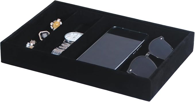 Bedside Organizer Tray, Desktop Storage Tray for Jewelry, Sunglass, Phone, Watch, Perfume,Lipstick, Nightstand Desk-top Catchall, Multi-use Holder for Desk Drawer (Black 3Grid)
