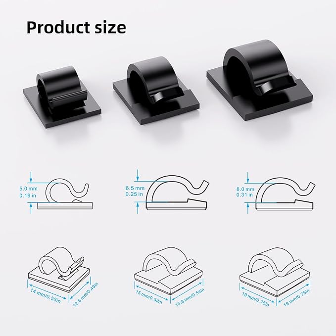 100 PCS Adhesive Cable Clips Cord Organizer (Small, Medium,Large),Wire Holder for Cable Management, Outdoor Light Clips Light Hooks for LED String,Car Dash Cam, Extension Cord (Black)