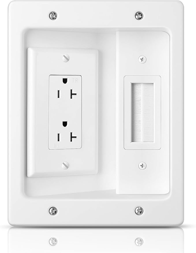 Wall Cable Concealer Kit, in Wall Cable Management Kit for TV, Recessed Outlet with Cable Management Box, in Wall Power Kit Hides TV Cords and Cables, Fits All Plugs, White