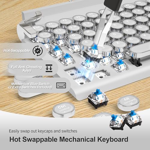 Retro Typewriter Wireless Mechanical Gaming Keyboard, Bluetooth 5.0 Office Computer Vintage Keyboards 83-Key Blue Switches Punk Round Keycap, LED Backlight, White