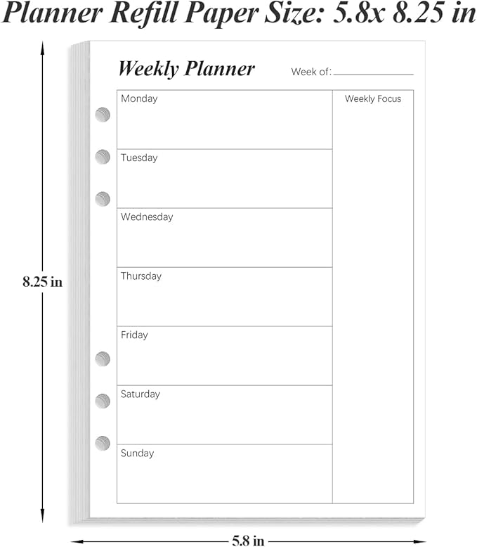 (2-Pack) Weekly Planner Refills for A5 Binders - 106 Sheets/212 Pages Undated Weekly Planner, 6-Hole Punched, 100 gsm White Paper, Lasts 1 Year, Undated, 5.8" x 8.3", Black