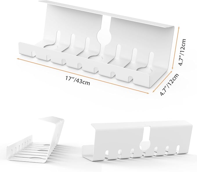 Syeeiex Under Desk Cable Management Tray, Cord Management, White, 17inch | No-Drill C-Clamp and Screw Mount, Metal Desk Wire Organizer for Office Home Workspace, Cord Organizer with 10 Cable Ties