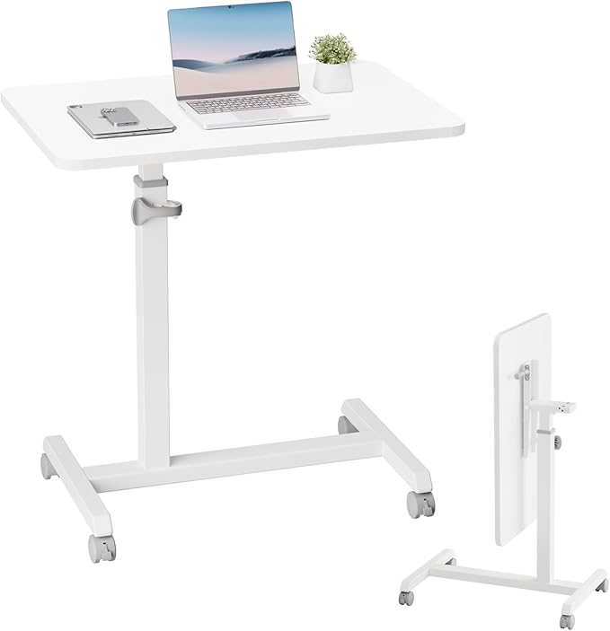 GTPLAYER Small Standing Desk, 24 Inches Mobile Foldable Rolling Laptop PC Table with Lockable Casters, Adjustable Height Overbed Bedside Table Computer Workstation for Home Office, White