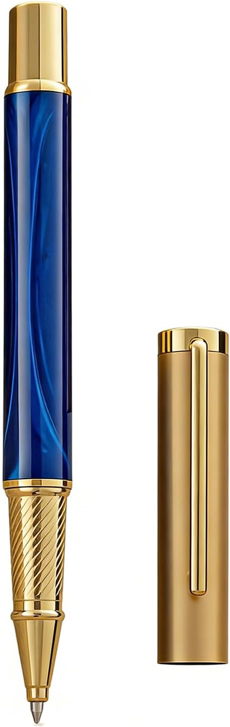 Luxury Rollerball Pen with Gold Trim, Elegant Resin Writing Instrument, Fine Point Black Ink Refill, Business Signature Pen with Metal Gift Box for Executive, Men, Women (Glacier Blue)