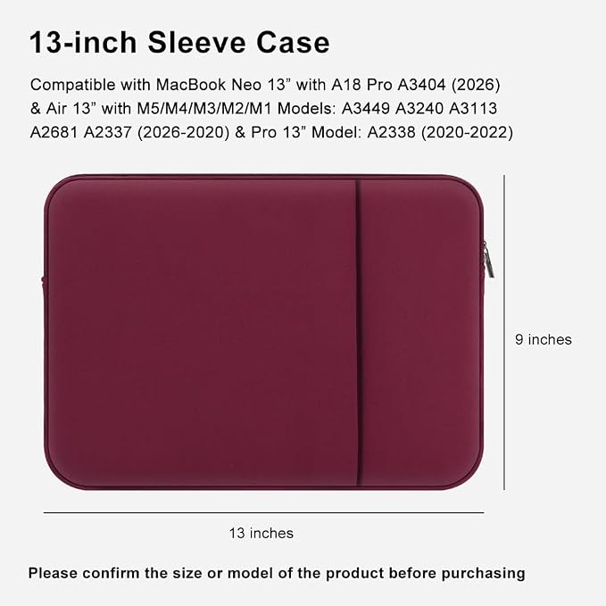 Laptop Sleeve for MacBook Neo/Air/Pro 13 inches A18/M5/M4/M3/M2/M1 Chip 2026-2020 A3404 A3449 A3240 A3113 with 2 Pockets Tablet Bag Case Accessories