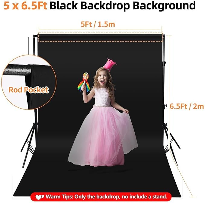 Black Backdrop for Photoshoot, 5x6.5ft Black Photo Backdrop Background, 1.5x2m Collapsible Fabric Backdrop Curtain, Portrait Back Drop Cloth, Content Creator Backdrops for Video Recording