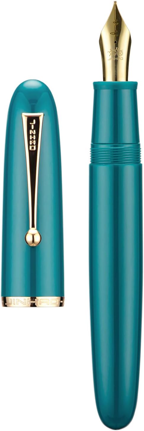 Jinhao 9019 DaDao Series Fountain Pen, Size 8 Medium Heartbeat Nib with Large Ink Converter, Lake Blue Acrylic Design Smooth Writing Pen (Gold Trim)