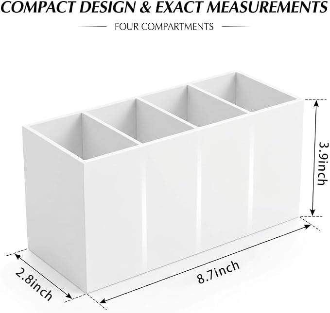4 Compartment White Acrylic Pen Holder for Desk, Large Desktop Organizer & Pencil Cup, Makeup Brush Holder for Countertop, Multi-functional Pen Pencil Brushes Holders Caddy (Opaque White)