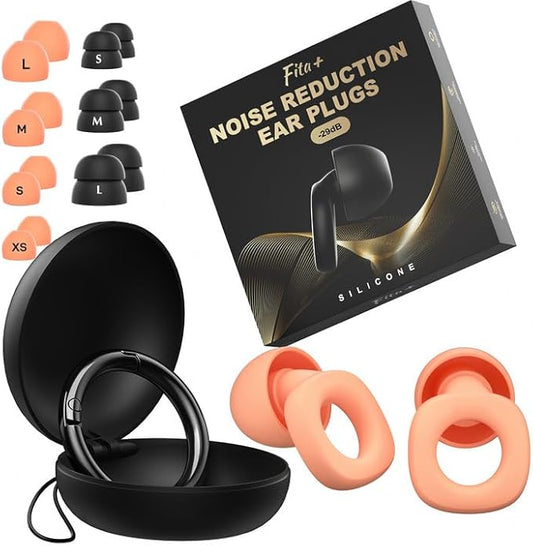 Fita+ Soft Reusable Ear Plugs for Noise Reduction up to 33dB, 4 Pairs XS/S/M/L, Soft Silicone Ear Plugs for Sleeping, Noise Cancelling for Work, Focus - Orange