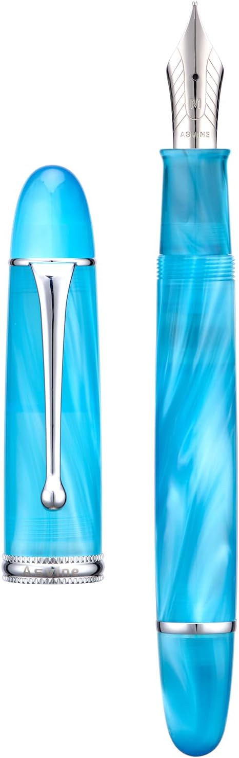 Asvine V800 Fountain Pen – Vacuum Filling System with Large Ink Capacity – Smooth Number 8 Medium Nib with Gift Case and Wrench- Sky Blue Acrylic