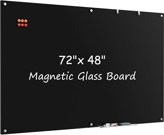 MaxGear Glass Whiteboard Tempered Magnetic Dry Erase Board 72x48 Inch Black | Magnetic Steel,Frameless Design,Smooth Writing,Ghost Free,Wall Mounted,Accessory Kits,Office Classroom Conference Room Use