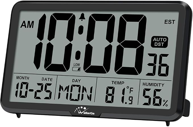 WallarGe Auto Set Digital Wall Clock Battery Operated, Auto DST | Desk Clock with Temperature, Humidity and Date, Large Display Digital Calendar Alarm Clock for Bedroom, Office, Classroom