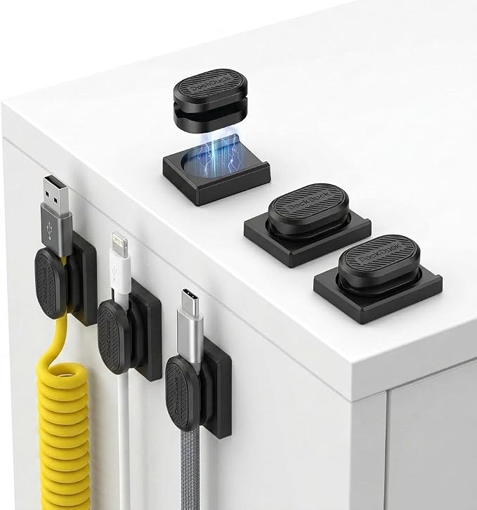 6-Pack Magnetic Cable Clips with Detachable Magnetic Base, Auto Dock Cable Organizer, Self-Adhesive Cord Holder for Round & Flat Cables, One-Hand Cable Management for Desk, Car, Office