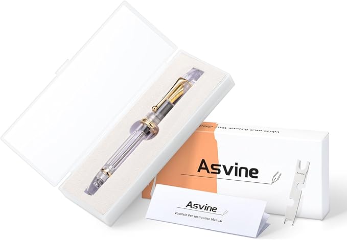 Asvine V800 Fountain Pen - Vacuum Filling System with Large Ink Capacity - Smooth Number 8 Stub Nib 1.1 mm Calligraphy Art Drawing with Gift Case and Wrench- Clear Gold Acrylic
