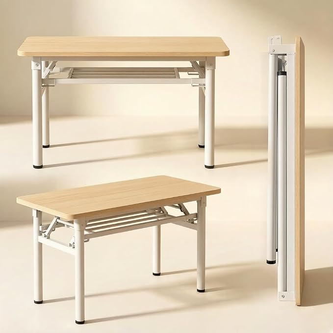 Folding Desk for Small Spaces, 39.4 Inch Foldable Computer Desk, No Assembly Required, Space Saving Portable Study Table for Compact Home Office, Bedroom, Dorm, Apartment, Teak&White