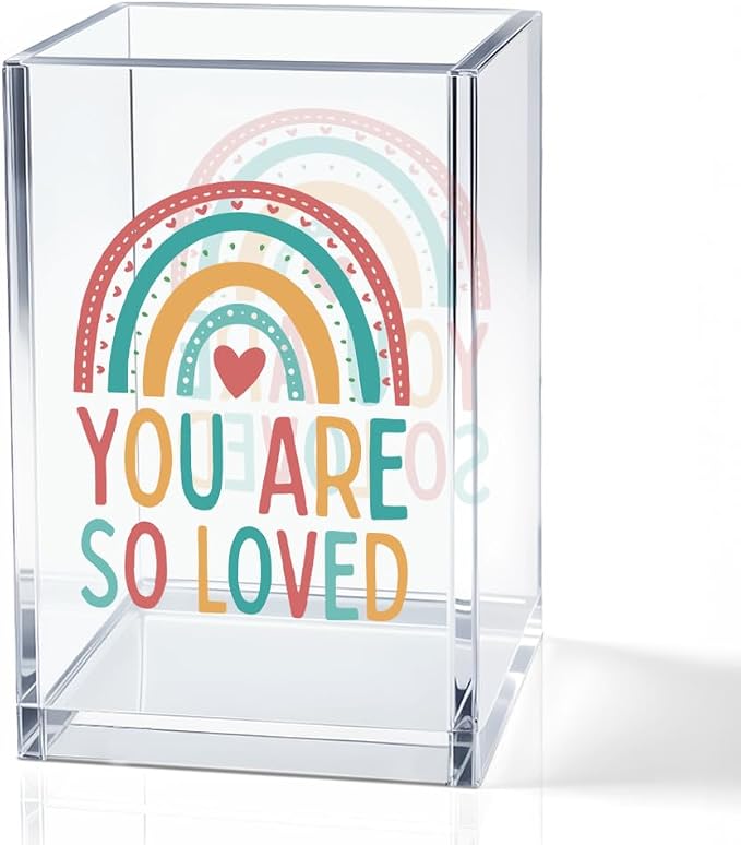 You Are So Love Acrylic Cosmetic Holder, Rainbow Heart Inspirational Quotes Desk Organizer for Home Office Library Classroom Desk, Pen Holder Gifts For Women Men Friends Daughter Son