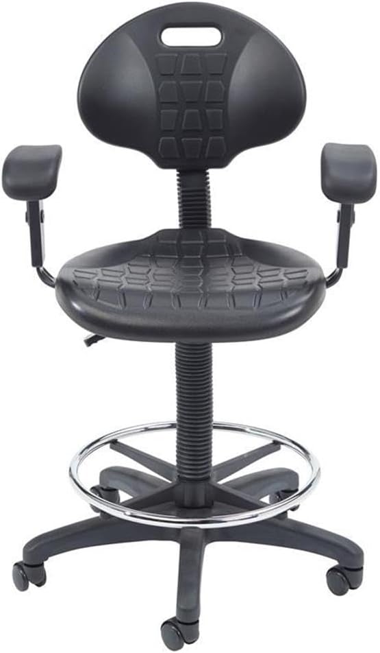 Pemberly Row Modern Polyurethane Task Chair with Arms, Adjustable 22-32 in Height, Black Finish, Heavy Duty Steel Frame, Waterfall Seat, Ribbed Design, Home Office or Industrial Desk Chair
