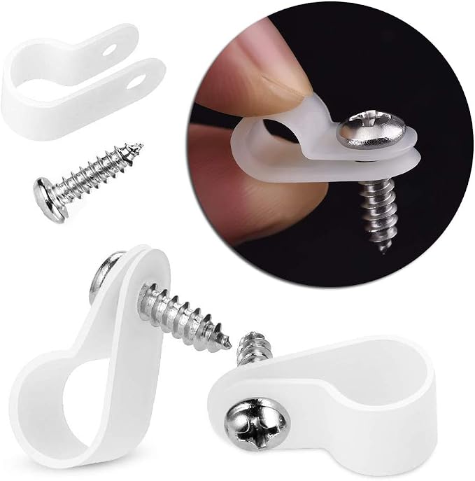 VIPMOON 100Pcs 5/16 Inch R-Type Cable Clamps, Nylon Plastic Cable Clips with Screws, Mounting Cord Fasteners for Electrical Wire Clamps Management, White