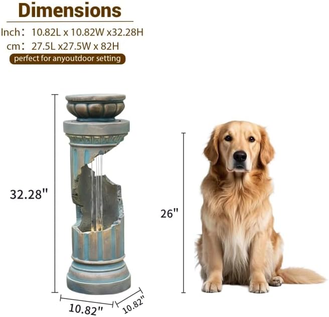 Sunlinua Outdoor Water Fountain with LED Light, Modern Spiral Tiered Outdoor Fountain with Stone Planter Curved Freestanding Waterfall Fountains for Garden Patio Deck Porch Gold