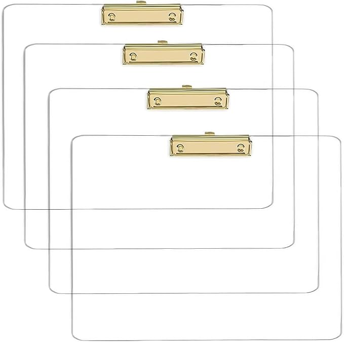 JIARI 4 Pack Clear Acrylic Office Clipboard A4 Letter Size 9.06" x 12.6" (Gold Horizontal 4 Pack)