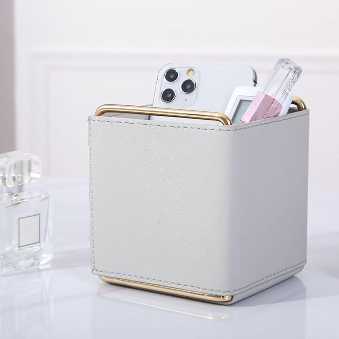 PU Leather Desktop Organizer for Pens, 4.3" Compact Size Grey | Cotroller, Keys, Glasses, Makeup Brushes Holder, Multipurpose Table Caddy Storage for Office & Home Decor