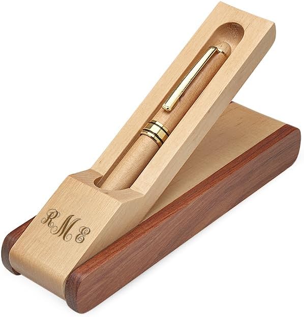Executive Gift Shoppe | Script Monogram Theme Laser Engraved Flip Over Wooden Pen Stand & Pen
