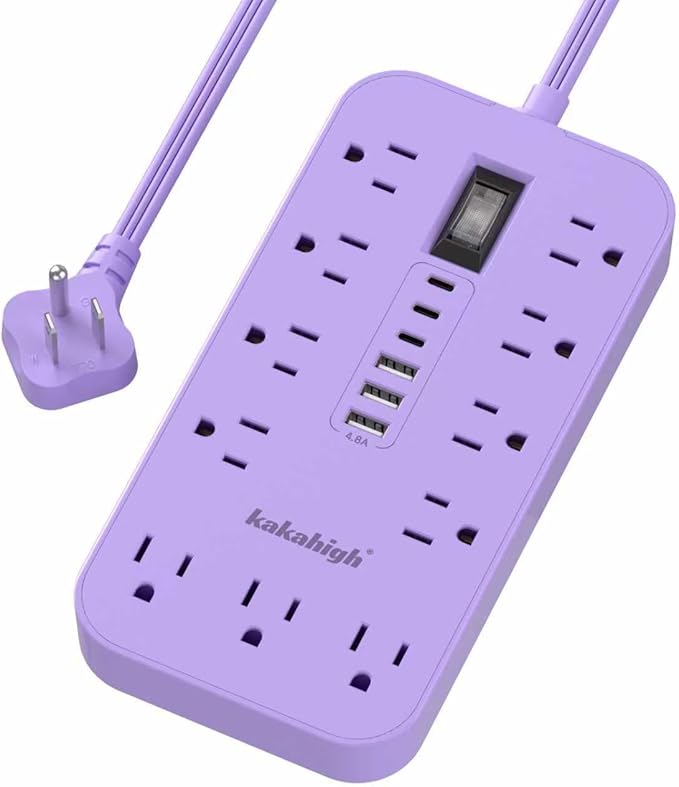 Purple Extension Cord with Multiple Outlets- 10 FT Lavender Power Strip, Girls Extension Cord with 11 AC Outlet 6 USB (24W/4.8A), Charging Station for Purple Women Lavender Desk Decor Essentials Gifts