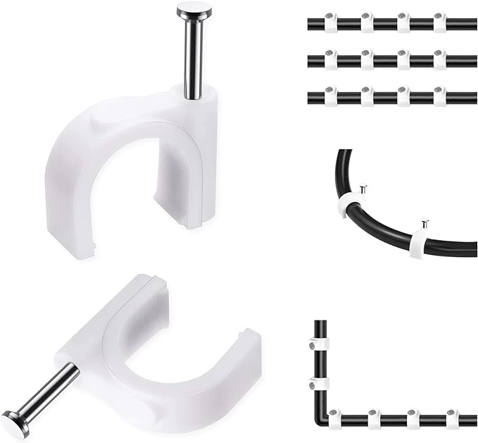 Abnii Cable Clips, 100 Pcs, 8mm, Wire Wall Clips with Steel Nails, Cable Management Organizer Clip, Cable Tacks Coax Holder Clip, RG6 RG59 CAT6 RJ45 Cable Cord Clips, White