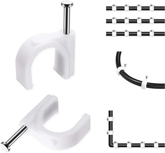 Abnii Cable Clips, 100 Pcs, 8mm, Wire Wall Clips with Steel Nails, Cable Management Organizer Clip, Cable Tacks Coax Holder Clip, RG6 RG59 CAT6 RJ45 Cable Cord Clips, White