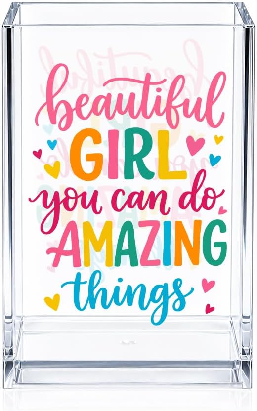 Beautiful Girl You Can Do Amazing Things Acrylic Cosmetic Pencil Pen Holder, Vanity Accessories Makeup Organizer for Daughter Sister, Encouragement Gifts for Makeup Lover, Make Up Brush Holder