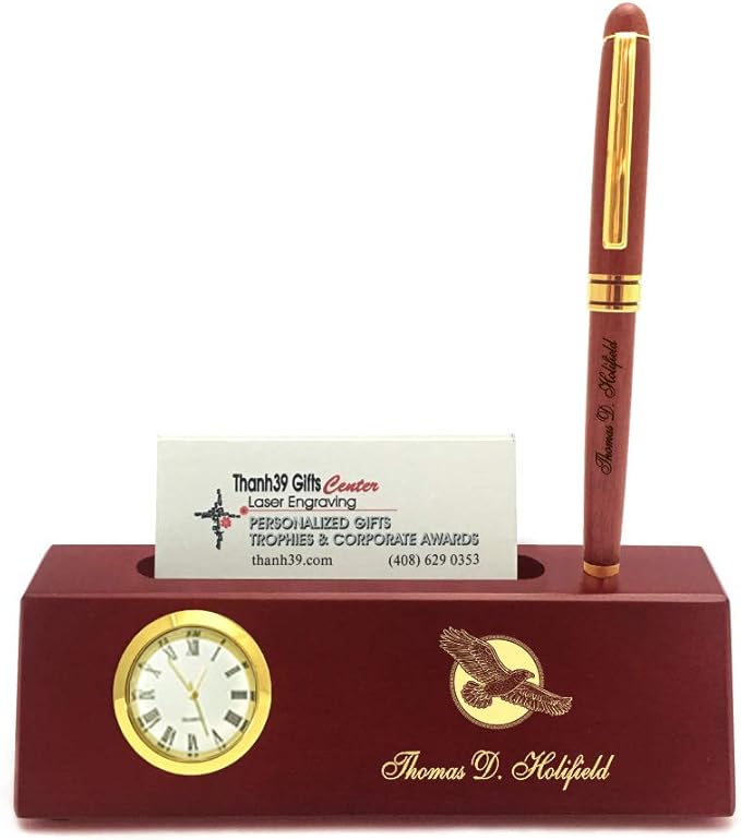 Personalized Solid Rosewood Business Card Holder with Clock and Pen for Men