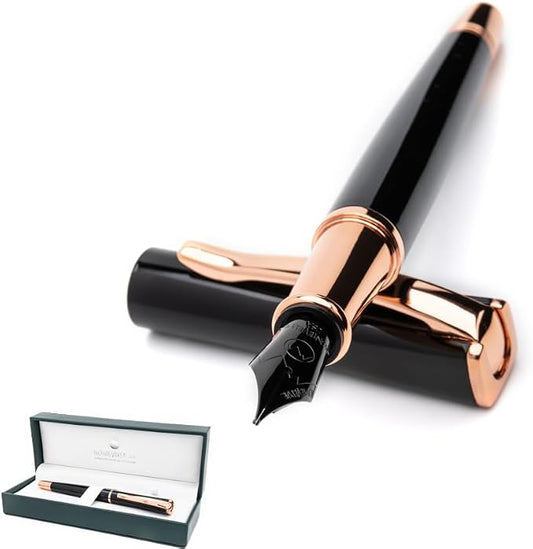 Monteverde USA Impressa Fountain Pen Black with 18 Karat Rose Gold Trim - Broad Point - JoWo German Nib