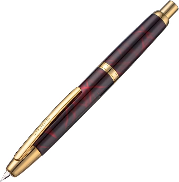 Jinhao 10 Press Fountain Pen with Box, Marble Red Retractable Medium Nib with Ink Converter Set (Golden Clip)
