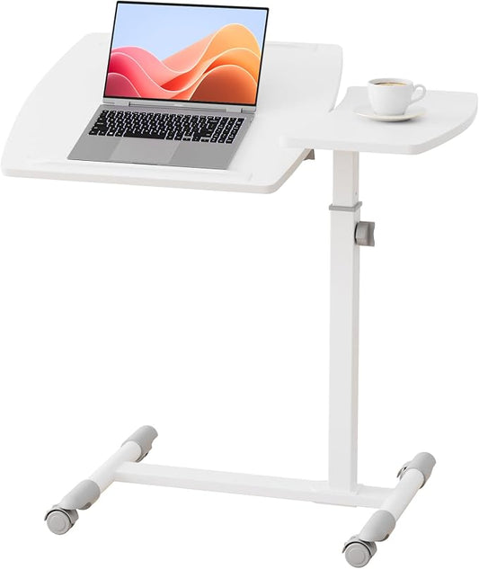 GTPLAYER Small Standing Desk, 28 Inches Tiltable Mobile Rolling Laptop PC Table with Lockable Casters, Adjustable Height Overbed Bedside Table Computer Workstation for Home Office, White-Tiltable